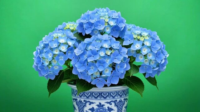 Beautiful Blue Hydrangea Flowers Arranged in Ceramic Pot on Green Backdrop