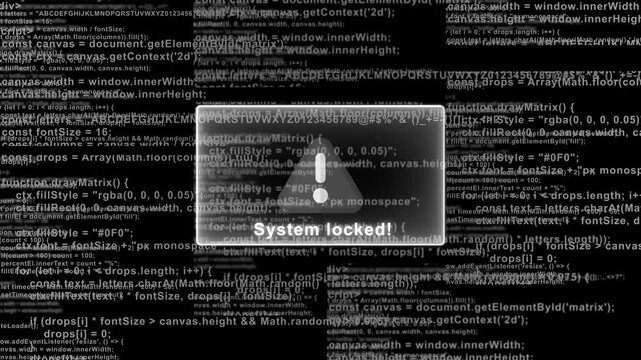 System hacked alert message with digital matrix code background for hacking visualization data breach and unauthorized access