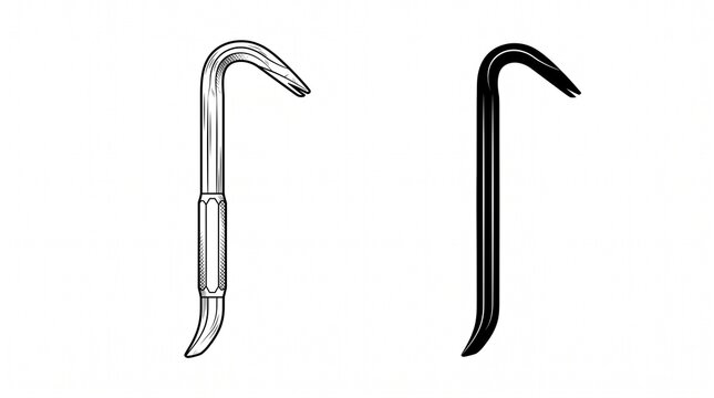 Stylized crowbar icon collection featuring outlined and filled versions, highlighting tool design variations, perfect for construction graphics, hardware branding, industrial visuals, and modern minim