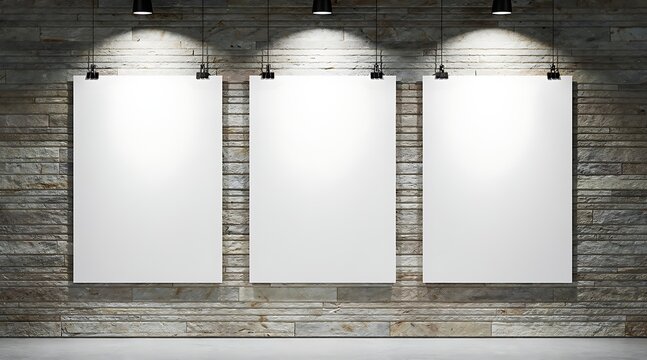 Three blank white posters hanging on a rustic wooden wall with spotlights.