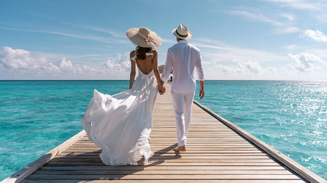 Couple walking on pier holding hands for honeymoon