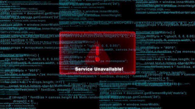 Security system unavailable error message with blue matrix code background for hacking visualization and technical data corruption alert