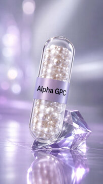 A transparent capsule is shown containing small white spheres. The scene is set with a soft purple background and sparkling crystals below. Light reflects off the surfaces