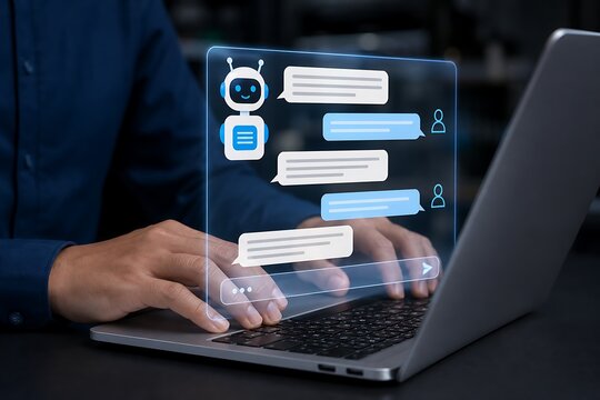 Person typing on laptop with holographic chatbot interface and speech bubbles