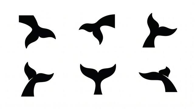 Whale tail silhouette icon collection in varied positions and angles, symbolizing marine life, ocean movement, and nature, perfect for nautical design, branding, and educational projects.