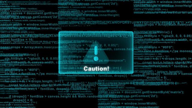 Caution warning alert on blue matrix code background for cyber security hacking visualization and system error protection screen