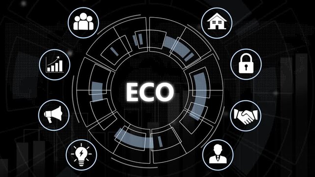 Digital eco concept infographic featuring animated circular hud interface with integrated for sustainable business strategy, environmental management, corporate responsibility, and green technology