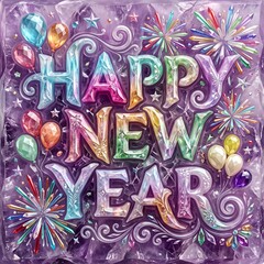 Fototapeta premium Luxury Crystal Happy New Year Typography with Colorful Gem Balloons Sparkling Fireworks and Amethyst Background Design