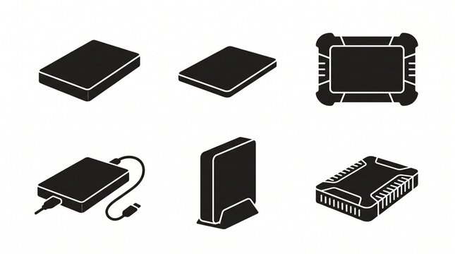 External hard drive silhouette icon collection featuring varied designs and orientations, symbolizing data storage, technology, and hardware, perfect for IT branding, educational graphics, and modern 