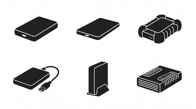 External hard drive silhouette icon collection featuring varied designs and orientations, symbolizing data storage, technology, and hardware, perfect for IT branding, educational graphics, and modern 