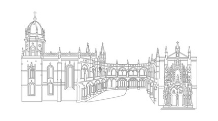 Obraz premium Jerónimos Monastery Line Drawing, Lisbon Landmark, Manueline Architecture Outline