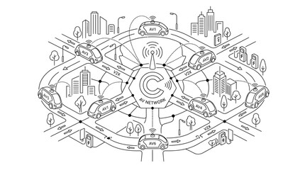 Fototapeta premium Autonomous Vehicle Network: Smart City Transportation System with Connected Cars and 5G Technology