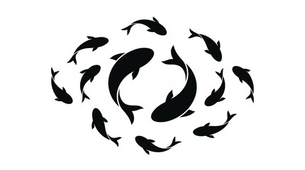 Fototapeta premium Circular fish silhouette composition featuring coordinated aquatic motion, symbolizing harmony, balance, and marine life, perfect for ocean branding, educational projects, and creative design applicat