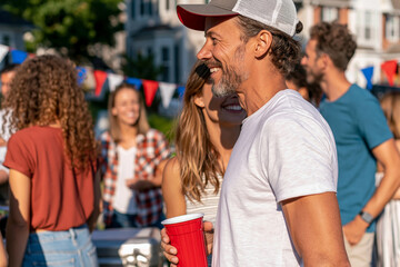 Obraz premium Picturesque diverse group enjoying a holiday cookout in a suburban backyard, casual warm season clothing, natural social interaction, red white and blue decorations, bright daylight,