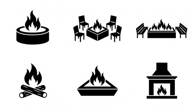 Fireplace and fire pit silhouette icon collection featuring campfires, chimneys, and seating arrangements, perfect for outdoor design, cozy branding, and creative architectural projects.