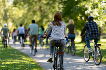 Fototapeta premium Amazing faceless diverse group of friends riding bicycles through a park, rear perspective, active lifestyle concept, bright natural daylight, green surroundings, realistic movement,