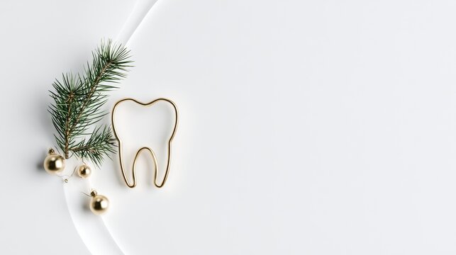Golden tooth outline with festive greenery and ornaments on a white background, modern dental holiday branding, Christmas, New Year.	
