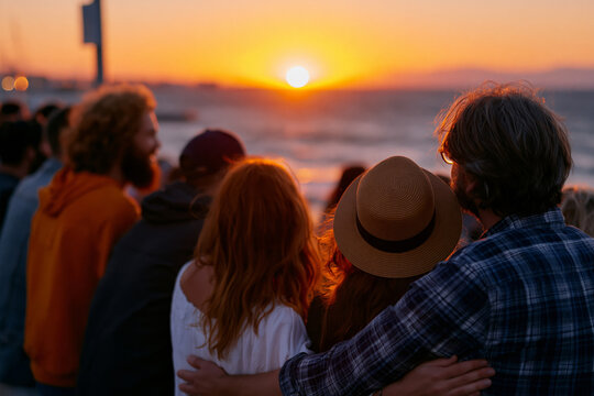 Picturesque faceless group of friends standing by the ocean watching the sun disappear below the horizon, dramatic sky colors, authentic social connection,