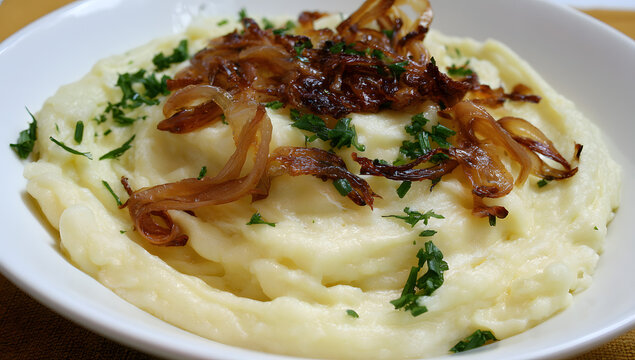 Recipe for mashed potatoes made creamy and whipped, with roasted shallots