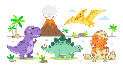 Fototapeta premium Cute cartoon dinosaurs, including T-Rex, Stegosaurus, hatching Triceratops and Pterodactyl, with a volcano and palms, symbolizing kids' learning and engaging playtime activities