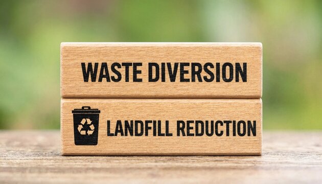 Wooden block displaying waste diversion and landfill reduction concepts for environmental awareness campaigns