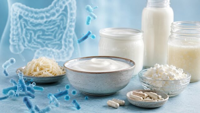 Yogurt and fermented dairy food with probiotic supplement capsules. Healthy gut digestion concept. Microbiome support with healthy bacteria for intestinal health and wellness care.