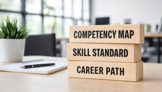Wooden blocks displaying competency map skill standard and career path in modern office workspace setting