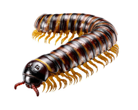 Giant Millipede Close-up: A detailed close-up of a giant millipede, showcasing its segmented body, numerous legs, and striking striped pattern against a clean backdrop.
