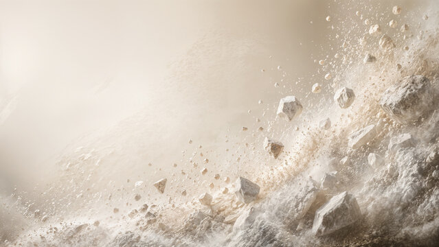 Rocks and dust lift off the ground in a dry area during a windy day. This scene captures the effects of strong winds on the landscape around