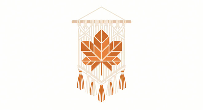 Macrame Wall Hanging with Maple Leaf Vector Illustration Isolated on White