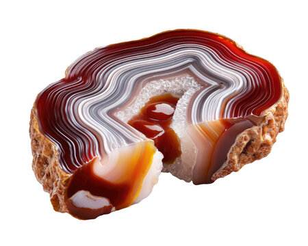 Sliced Agate Gemstone: A cross-section of a natural agate gemstone reveals intricate banding patterns of red, white, and brown, showcasing the Earth's geological artistry.