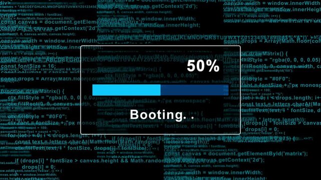 Futuristic Hacker System Booting Animation Featuring Scrolling Programming Code Background With Dynamic Blue Loading Progress Bar Tech Interface Design