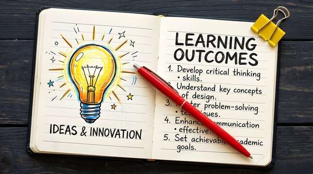Open notebook with lightbulb drawing and learning outcomes list
