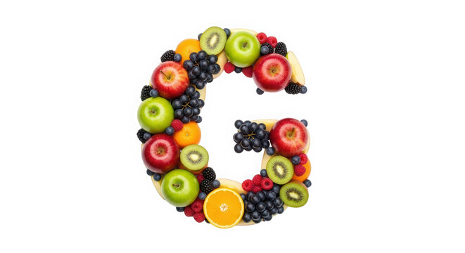 Letter G made of fresh mixed fruits and berries isolated on transparent background