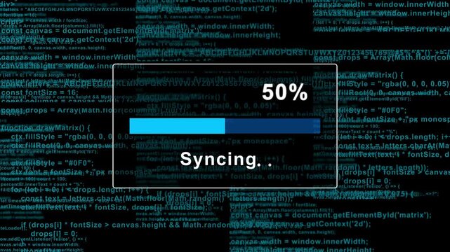 Digital Data Syncing Process Featuring Scrolling Programming Code Background With Futuristic Blue Loading Progress Bar Animation Interface