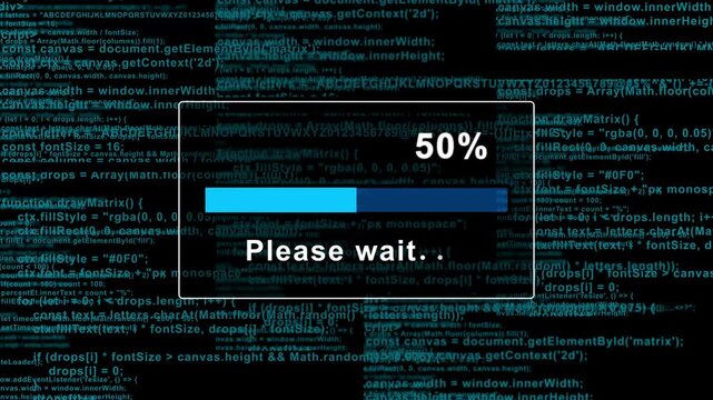 Cinematic Tech Interface Displaying Please Wait Loading Status With Scrolling Digital Programming Code Background And Futuristic Progress Bar Animation