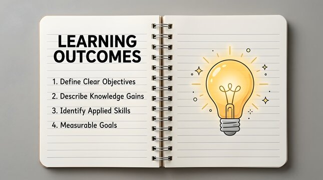 Open notebook with learning outcomes list and lightbulb illustration