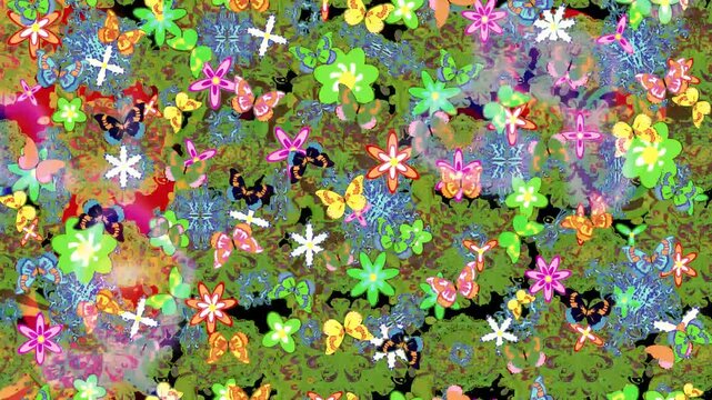 Colorful floral video seamless background with blooming flowers, butterflies and botanical elements. Perfect loop for spring, nature, wallpaper, textile, festive, cheerful and decorative motion design