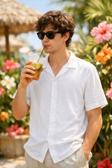 Fototapeta premium Young man in sunglasses drinking tropical cocktail outdoors