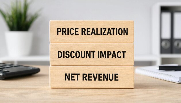 Wooden blocks displaying financial terms price realization discount impact and net revenue on office desk