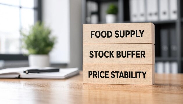 Wooden blocks displaying food supply chain concepts like stock buffer and price stability on office desk