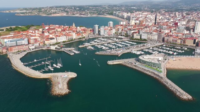 Aerial \iew of Downtown Gijon  - Marina and Boats, Cimavilla Peninsula, and Coastline Cityscape in Asturias, Northern Spain