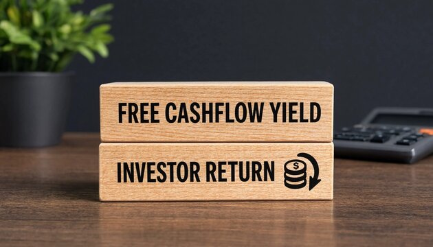Wooden blocks displaying free cash flow yield and investor return concepts on a desk with financial tools