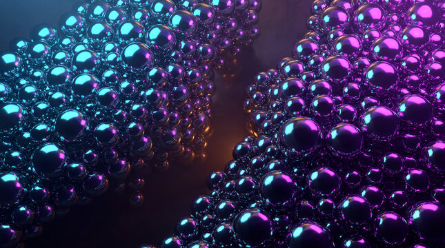 Converging clusters of chrome spheres glowing warm at the seam