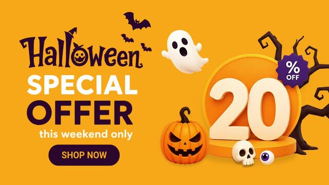 Halloween Special Offer Sale Banner Animation with Discount, Pumpkin and Ghost on Orange Background, Promotional Motion Graphic
