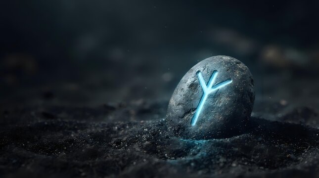 Glowing blue rune symbol carved on stone in dark sand, mystical and magical atmosphere for fantasy, gaming, and supernatural design projects.