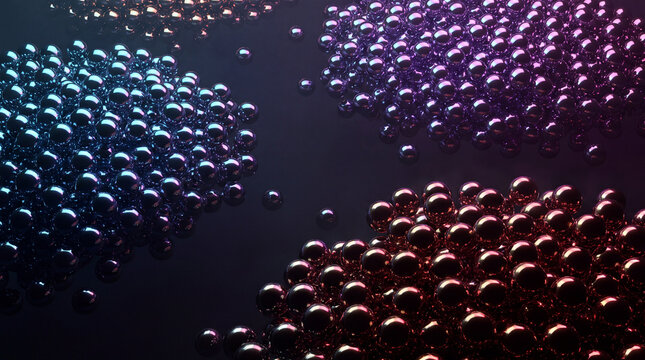 Three floating clusters of chrome spheres in teal, magenta and copper