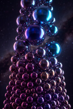 Vertical tower of stacked spheres rising against a starry nebula