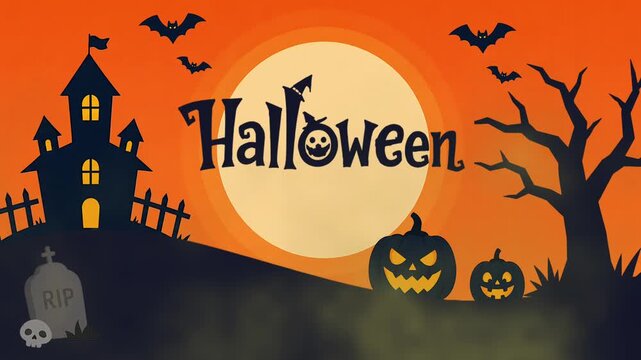 Halloween Haunted House and Pumpkin Animation with Full Moon on Orange Background, Spooky Holiday Motion Graphic