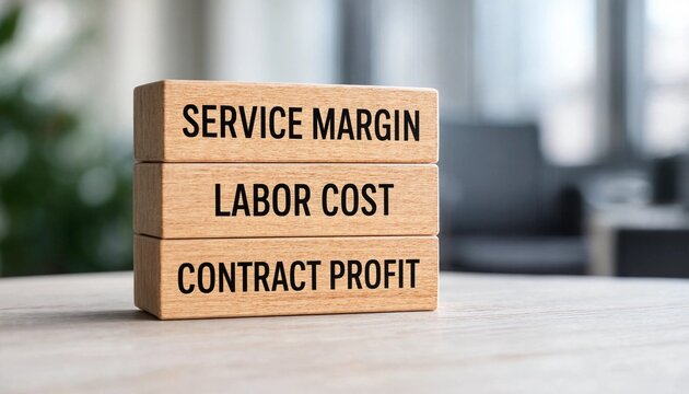 Wooden blocks displaying key financial terms service margin labor cost and contract profit on a light surface